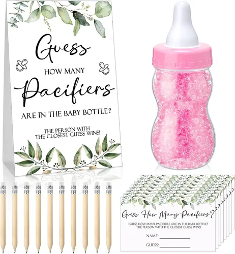 Miniatura 33 de Roowest 512 piezas de juegos de baby shower Adivina cuántos chupetes letrero, 100 pequeños juegos de adivinanzas, 10 lápices HB, botella de leche