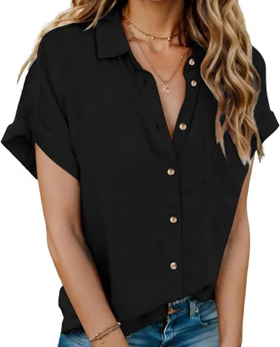 Miniatura 13 de HOTOUCH Camisas de Lino para Mujer con Botones Blusas de Manga Corta de Algodón Cuello en V con Cuello Tops de Gasa con Botones S-3XL