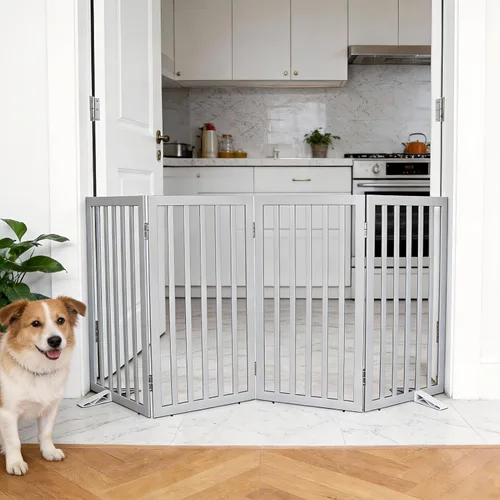 Miniatura 20 de Puerta para perros para interiores, valla independiente para perros, para la casa, puertas, pasillos o escaleras, puerta para mascotas plegable
