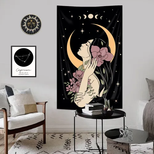 Miniatura 5 de Riyidecor Tapiz vertical de mujer misteriosa de fase lunar, bohemio, pequeño, gótico, para colgar en la pared, plantas florales, hojas estrelladas