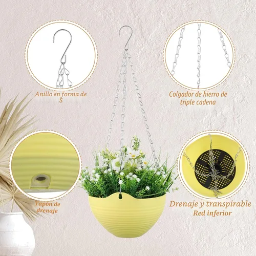 Miniatura 5 de Zopeal Paquete de 16 macetas colgantes de riego automático de 8 pulgadas, contenedor con escurridor y cadena, cesta redonda para plantas