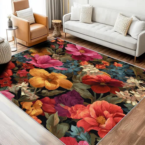 Miniatura 8 de Purple Flower Rugs for Living Room 7x8, Retro Floral Bedroom Carpet, Vintage 70s Bohemian Pattern Design Area Rug, Washable Non Slip Soft Area