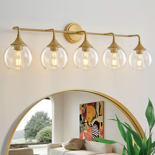 Miniatura 18 de Lámpara de Tocador de Baño Dorada con Pantalla de Vidrio Transparente, Base E26, Luminarias de Baño de 2 Luces Sobre Espejo, Luces de Tocador de 14