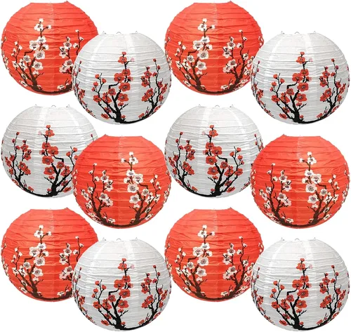 12 faroles chinos, faroles de papel de flor de ciruelo de 12 pulgadas, para fiestas, asia, hogar, restaurante, decoración de boda (blanco y rojo)