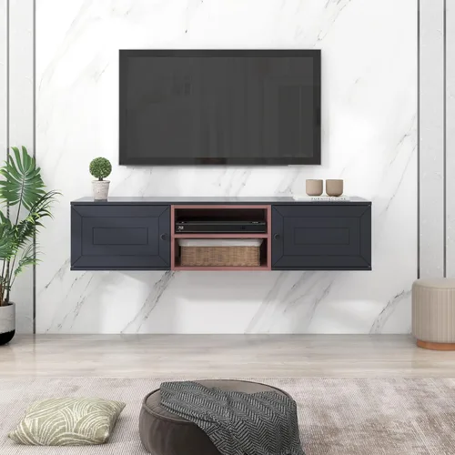YardGo Soporte flotante de TV para televisores de hasta 65 pulgadas, armario de TV montado en la pared con 2 puertas magnéticas y 2 estantes