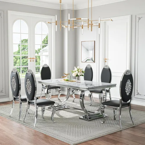 Miniatura 57 de Juego de mesa de comedor de mármol de 70 pulgadas para 6, mesa de cocina grande y sillas de cuero negro, mesas de comedor modernas negras y doradas