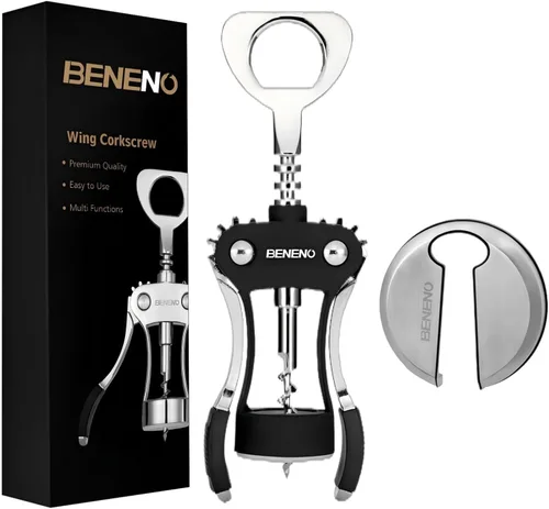 Miniatura 16 de Beneno Abridor multifuncional de botellas de vino con ala de regalo, sacacorchos, cortador de aluminio, tapón al vacío y vertedor aireador, perfecto