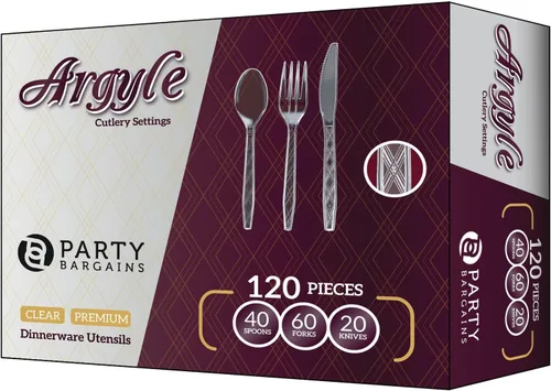 Miniatura 19 de Party Bargains - Cubiertos de plástico transparente 2,160 piezas: 1,080 tenedores, 720 cucharas, 360 cuchillos. Argyle Design - Juego de cubiertos
