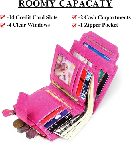 Miniatura 2 de FALAN MULE Cartera pequeña para mujer, de piel auténtica, plegable, compacta, con bloqueo RFID, pequeña cartera para mujer, Rosa Rojo, Casual