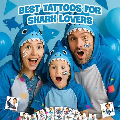 Miniatura 5 de Tatuajes temporales de tiburón personalizados para niños, tatuajes de fotos faciales precortados personalizados, divertidos recuerdos de fiesta
