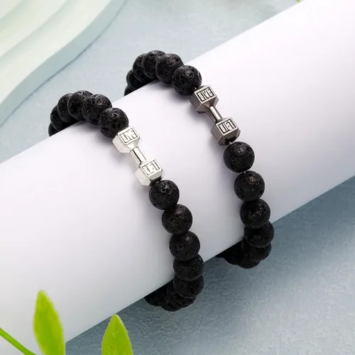 Miniatura 2 de Harlermoon Pulsera de gimnasia con mancuernas para hombres y mujeres, piedra de lava, ajustable, cuentas de piedra natural, pulsera de fitness