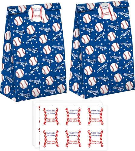 SamPartyShop Paquete de 24 bolsas de dulces para fiesta de béisbol con calcomanías, suministros de fiesta de cumpleaños con temática de béisbol