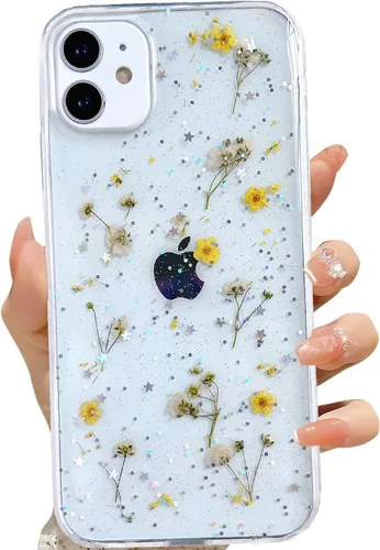 Miniatura 22 de LSEEKA Funda transparente para iPhone 13 Mini/iPhone 12 Mini con diseño de flores reales prensadas, con purpurina, bonito patrón floral blanco, Oro