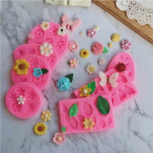 Miniatura 3 de Juego de moldes de silicona para tartas, 8 unidades, diseño de margaritas y hojas de rosa y mini flores, caramelo de fondant para chocolate