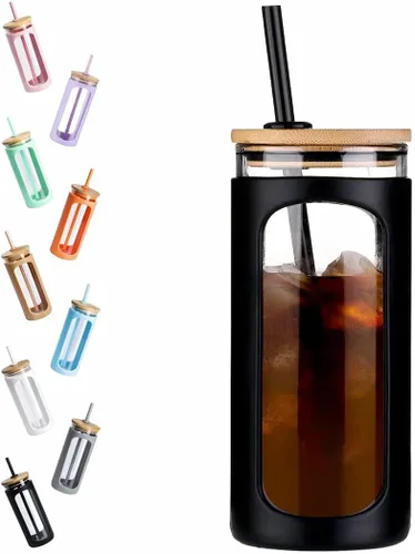 Miniatura 14 de Kodrine Vaso para agua de vidrio de 20 onzas con popote y tapa, botella de agua con tapas de bambú, taza para café helado, reutilizable, boca ancha
