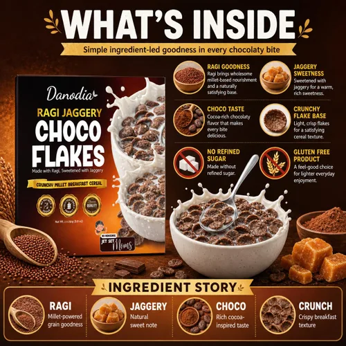 Miniatura 5 de Danodia Foods Ragi Jaggery Choco Flakes 250g/8.8 oz, Cereal de desayuno de mijo dedo con sabor a chocolate Jaggery inspirado en la India, cereal