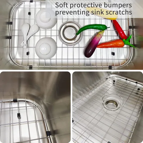 Miniatura 4 de Rejilla para fregadero de cocina 26-1/8"x14-1/4" - Protector de fregadero de cocina resistente con colador integrado y drenaje central, pies de goma