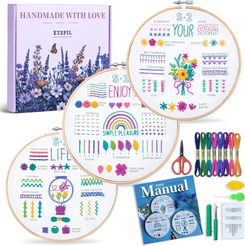 Miniatura 10 de ETSPIL Kit de bordado para principiantes para adolescentes y adultos - Paquete de 3, 19 puntadas, patrones pre-estampados, imán para agujas, aro