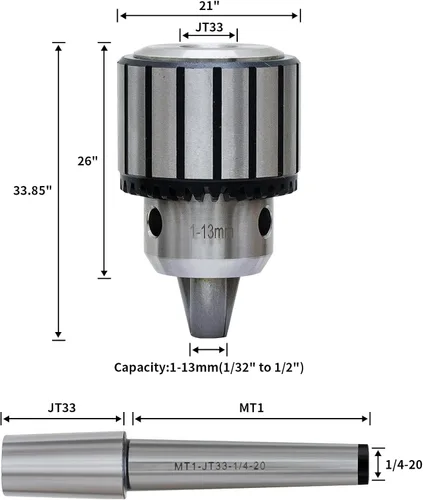 Miniatura 2 de Portabrocas de 1/32" a 1/2" con eje cónico Morse MT1-JT33, portabrocas resistente con llave de mandril