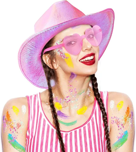 Miniatura 3 de Coume 23 sombreros de vaquero iluminados, brillantes holográficos, sombreros de vaquera con lentes de sol de corazón para mujer, disfraz de fiesta