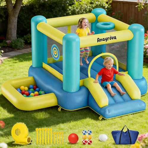 Casa Inflable de Rebote para Niños de 3 a 6 Años, Castillo Hinchable para Interiores y Exteriores con Fosa de Pelotas, Aro de Baloncesto, Juego de