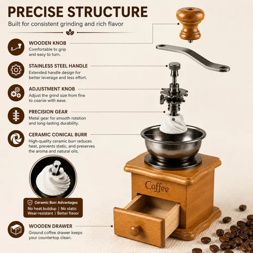 Miniatura 6 de Molinillo de café manual de madera vintage, molinillo de manivela decorativo retro con rebabas de cerámica, molinillo de granos de café antiguo