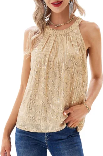 GRACE KARIN Camiseta sin mangas con cuello halter de lentejuelas para mujer, sin mangas, elegante, brillante, para fiesta, club, cóctel, camiseta