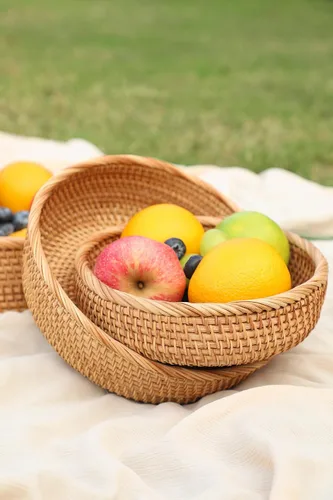 Miniatura 5 de HITOMEN Cestas de pan de ratán hechas a mano redondas de mimbre para servir frutas, cuencos de almacenamiento de frutas de tejido natural