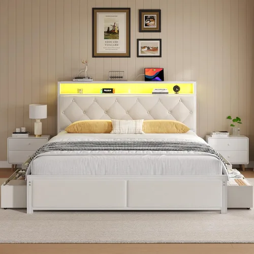 Miniatura 3 de Fluest Base de cama Queen con cabecero, cajones de almacenamiento, estación de carga rápida, luces LED, marco de cama tamaño Queen con cajones