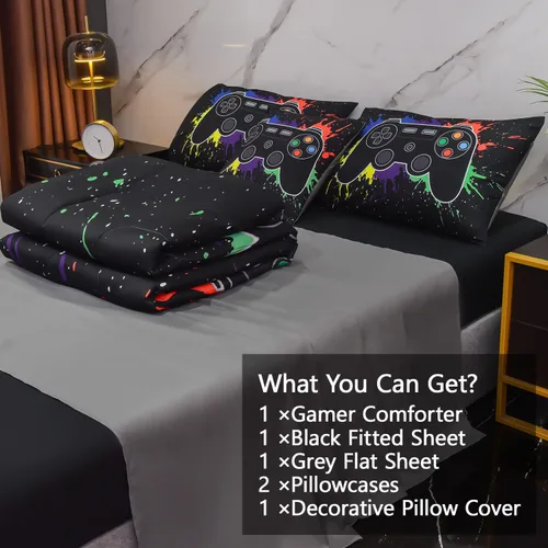 Miniatura 4 de Juego de edredón de 6 piezas para niños y adolescentes, niños y niñas, cama temática de videojuegos con grafitis de colores en una bolsa