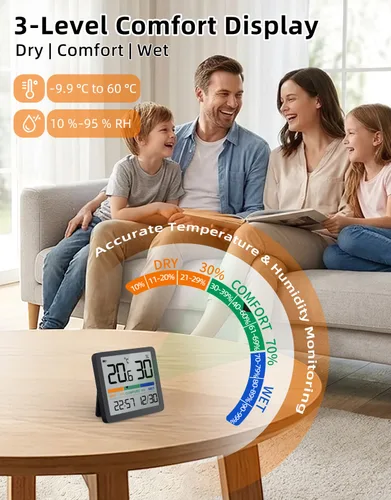 Miniatura 2 de NOKLEAD Termómetro higrómetro para interiores, mini monitor digital de temperatura y humedad de escritorio con indicador de comodidad y reloj