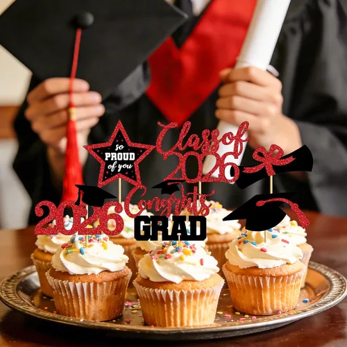 Miniatura 6 de 48 adornos para cupcakes de graduación, 6 estilos con purpurina, decoraciones de graduación en negro y rojo 2026, tapas y palillos para pasteles