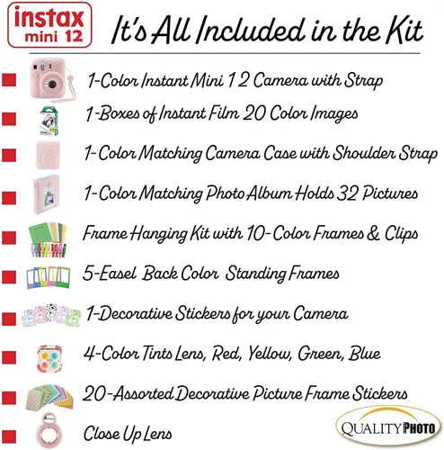 Miniatura 3 de Fujifilm Cámara instantánea Instax Mini 12 con funda, 20 impresiones de Fujifilm (rosa flor), calcomanías decorativas, marcos, álbum de fotos y más