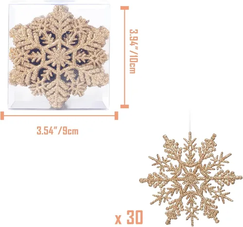 Miniatura 5 de Adornos de copos de nieve de plástico brillante de 4 pulgadas (30 unidades, champán)
