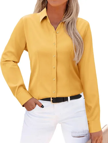 Miniatura 17 de Gleeivy - Camisas abotonadas para mujer, sin arrugas, de manga larga, camisas de vestir casuales con cuello V, ajustadas, de un solo