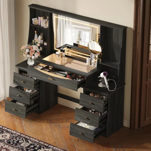 Miniatura 3 de Mesa de tocador STO'SENSE con espejo y luces, mesa grande de tocador de 137 cm con tapa de vidrio, cajón RGB, espejo con aumento y toma