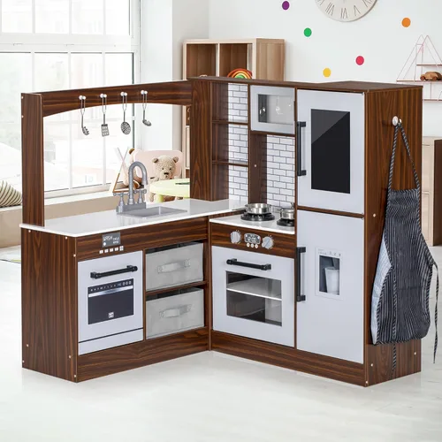 Juego de cocina esquinera, cocina de madera con luces y sonidos, cocina grande con estufa, juguetes de cocina, microondas, horno, máquina de hielo,