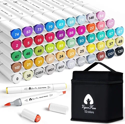 VigorFun - Marcadores de alcohol con punta de pincel, 52 colores de doble punta, marcadores de artista con punta de cincel y pincel, para niños y
