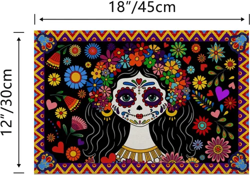 Miniatura 2 de Juego de 4 manteles individuales del Día de los Muertos Dia De Los Muertos, Altar Mexicano de Muertos, decoración y suministros para mesa del hogar