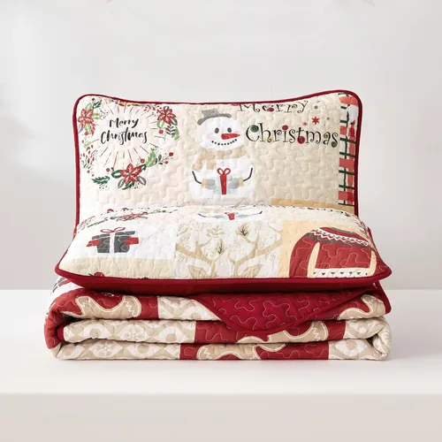 Miniatura 6 de DJY Juego de Edredón de Navidad Tamaño King, Juego de Colcha Coverlet de Retazos de Muñeco de Nieve de Pan de Jengibre 3 Piezas Edredón a Cuadros