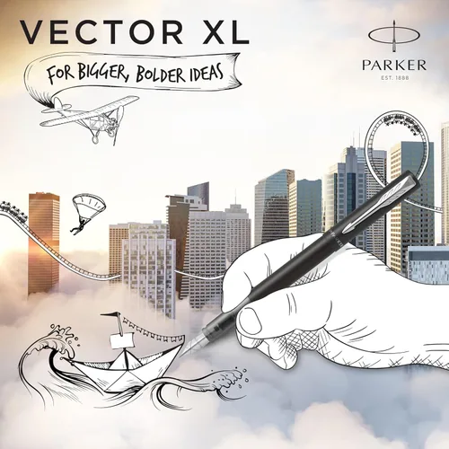 Miniatura 2 de PARKER Pluma estilográfica Vector XL Laca negra metálica sobre latón Punta mediana con recarga de tinta azul Caja de regalo