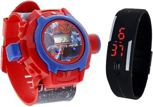 Pappi-Haunt - Calidad garantizada - Juguetes especiales para niños - Paquete de 2 relojes de banda con proyector Spiderman + reloj de banda LED