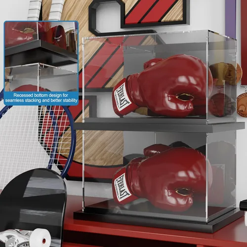 Miniatura 5 de Vitrina de exhibición de guantes de boxeo acrílicos, soporte de tamaño completo con espejo en la parte posterior y base de metal negro ranurado