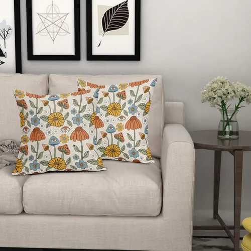 Miniatura 6 de Juego de 2 fundas de almohada retro bohemias, florales, amarillas y naranjas, de 16 x 16 pulgadas, estilo vintage de los años 70, con bonitos hongos