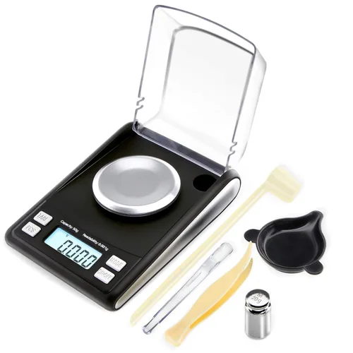 Fuzion Báscula miligramos de 50/0.00 oz, escala de mg con peso cal de 0.71 oz, microescala, báscula de polvo para recargar