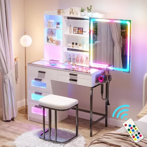 Miniatura 13 de HNEBC - Mesa de tocador RGB con espejo y luces, mesa de maquillaje con espejo LED y estación de carga USB/inalámbrica, juegos de mesa de tocador
