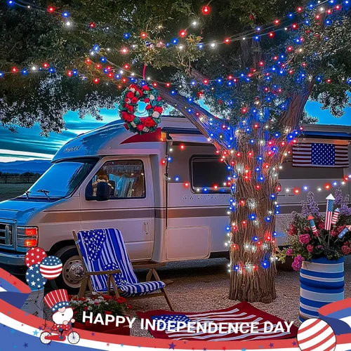 Miniatura 6 de JMEXSUSS Luces rojas blancas y azules con cable transparente, 66 pies, 200 luces LED para decoración del 4 de julio, luz de Navidad para celebración
