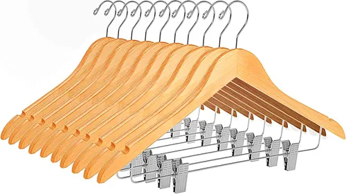 Miniatura 22 de Perchas de madera de calidad para faldas con clips, paquete de 20 perchas de nogal para pantalones con clips de metal dorado ajustables, gancho