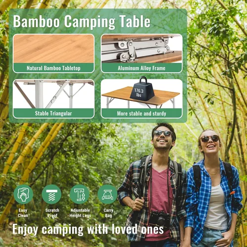 Miniatura 3 de KingCamp Mesa de camping plegable de altura ajustable, mesa plegable de bambú de 4 partes para RV, camping al aire libre, portátil, mesa