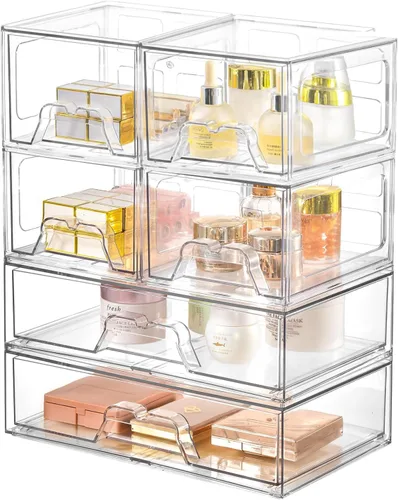 Miniatura 8 de Juego de 4 cajones organizadores de maquillaje apilables, organizadores de plástico transparente para suministros de belleza, ideal para tocador